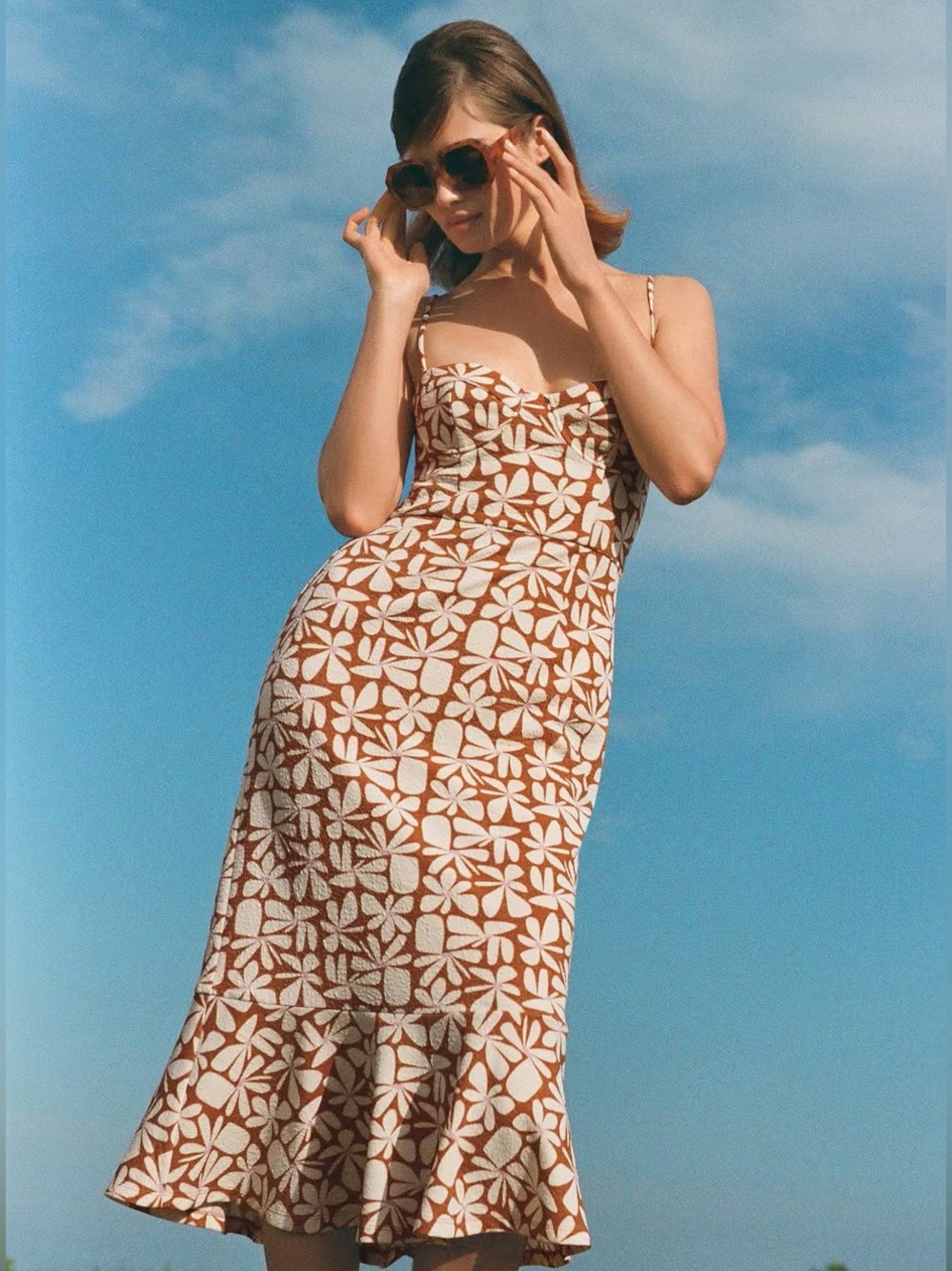 Anthropologie Brown and Cream Floral Slip Midi Dress with Flared Hem